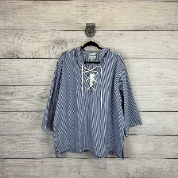 Free Assembly Plus Size Blue & White Striped Lace Up Hooded Pullover Size XXL - Picture 1 of 10
